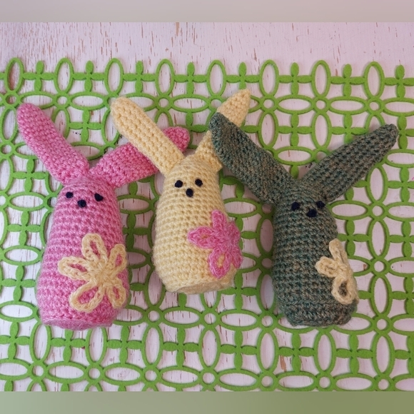Three Cute Long Ear Bunnies with Flowers Handmade by me! Cute Decor or Gift Boho - Picture 12 of 12